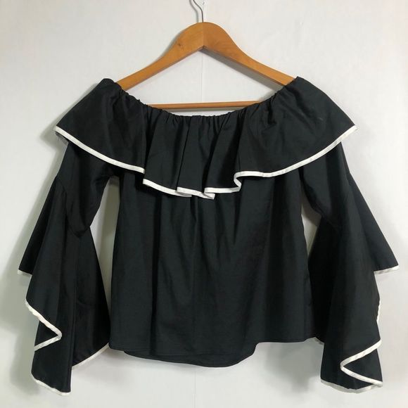 ZARA Off the Shoulder Ruffle Black w/ White Piping Long Bell Sleeve Top - Picture 6 of 9